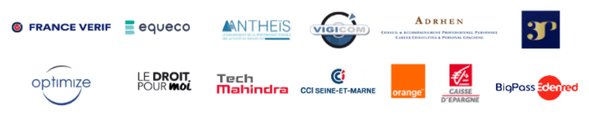 Logos clients : France Verif, Equeco, Antheïs, Vigicom, Adrhen, Optimize, Le Droit Pour Moi, Tech Mahindra, CCI Seine-et-Marne, Orange, Caisse d'Épargne, BigPass, Edenred